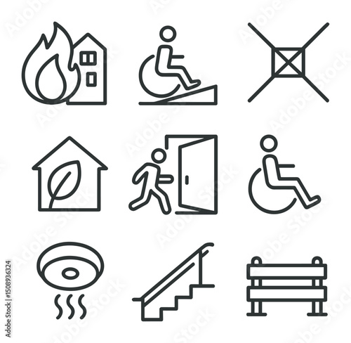 Building Code Icons. Outline icon set of building code compliance: fire safety icon, accessibility ramp, seismic brace, energy