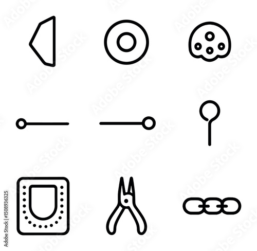 Glass Bead Design Icons. Outline icon set of glass bead repurposing designs: broken bottle shard, glass bead, bead cap, headpin,