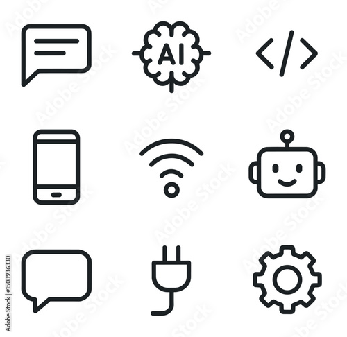 Chatbot Integration Icons. Outline icon set of chatbot integration: chat window, AI brain, code brackets, smartphone, wifi signal,