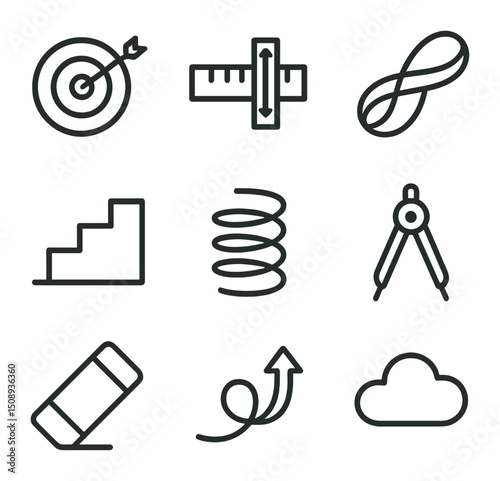 Goal Setting Icons. Outline icon set of goal setting with flexibility: target board, adjustable ruler, rubber band, staircase,
