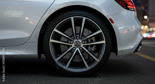 Wallpaper Mural Detail shot of rear wheel and tire of luxury white car on urban street, cityscape lights softly blurred. Torontodigital.ca