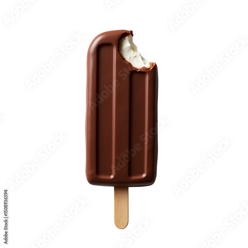 Delicious Chocolate Coated Vanilla Ice Cream Bar with Bite Mark, Isolated on White Background. Studio Shot