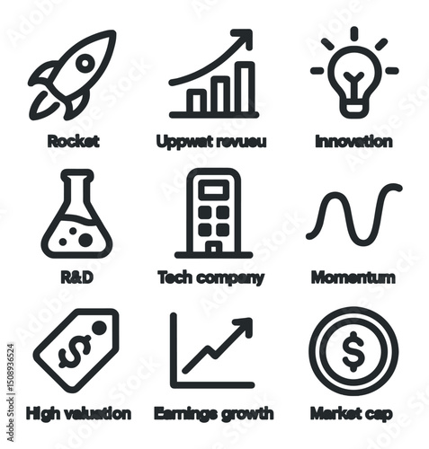 Growth Stock Icons. Outline icon set of growth stocks: rocket icon, upward revenue graph, innovation lightbulb, R&D flask, tech