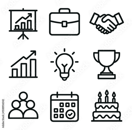 Business Icons Set. Outline icon set of business project winning team: presentation board, briefcase, contract shake, growth chart