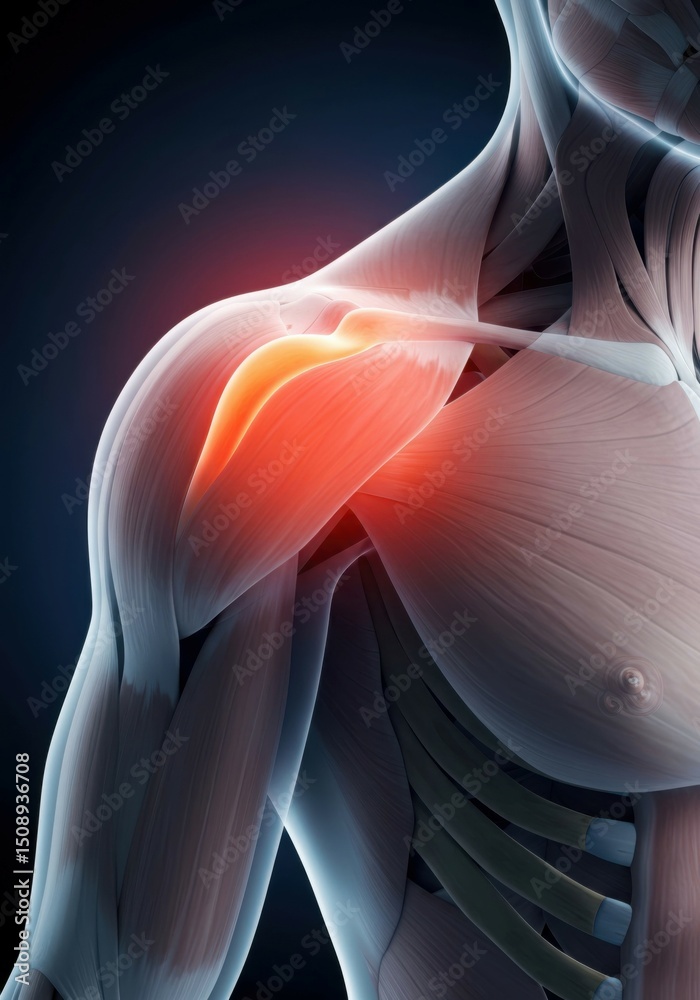 Fototapeta premium Shoulder joint showcasing red-highlighted inflammation zone for medical reference.