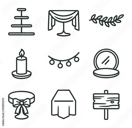 Cake Stand Icon Set. Outline icon set of cake stand styling: tiered stand, draping fabric, greenery garland, pillar candle, string