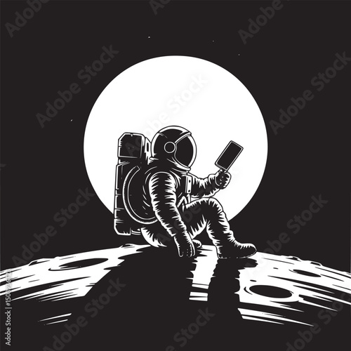 A lone astronaut sits on the moon taking a selfie with the earth in the background in black and white