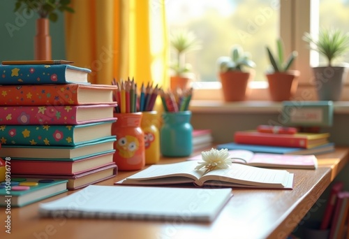 colorful stationery organized neatly school desk educational supplies vibrant pencil cases books notebooks art materials, paperwork, eraser, pens, markers
