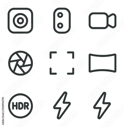 Camera Icon Set. Outline icon set of camera and imaging: front camera lens, rear camera lens, video record button, snapshot