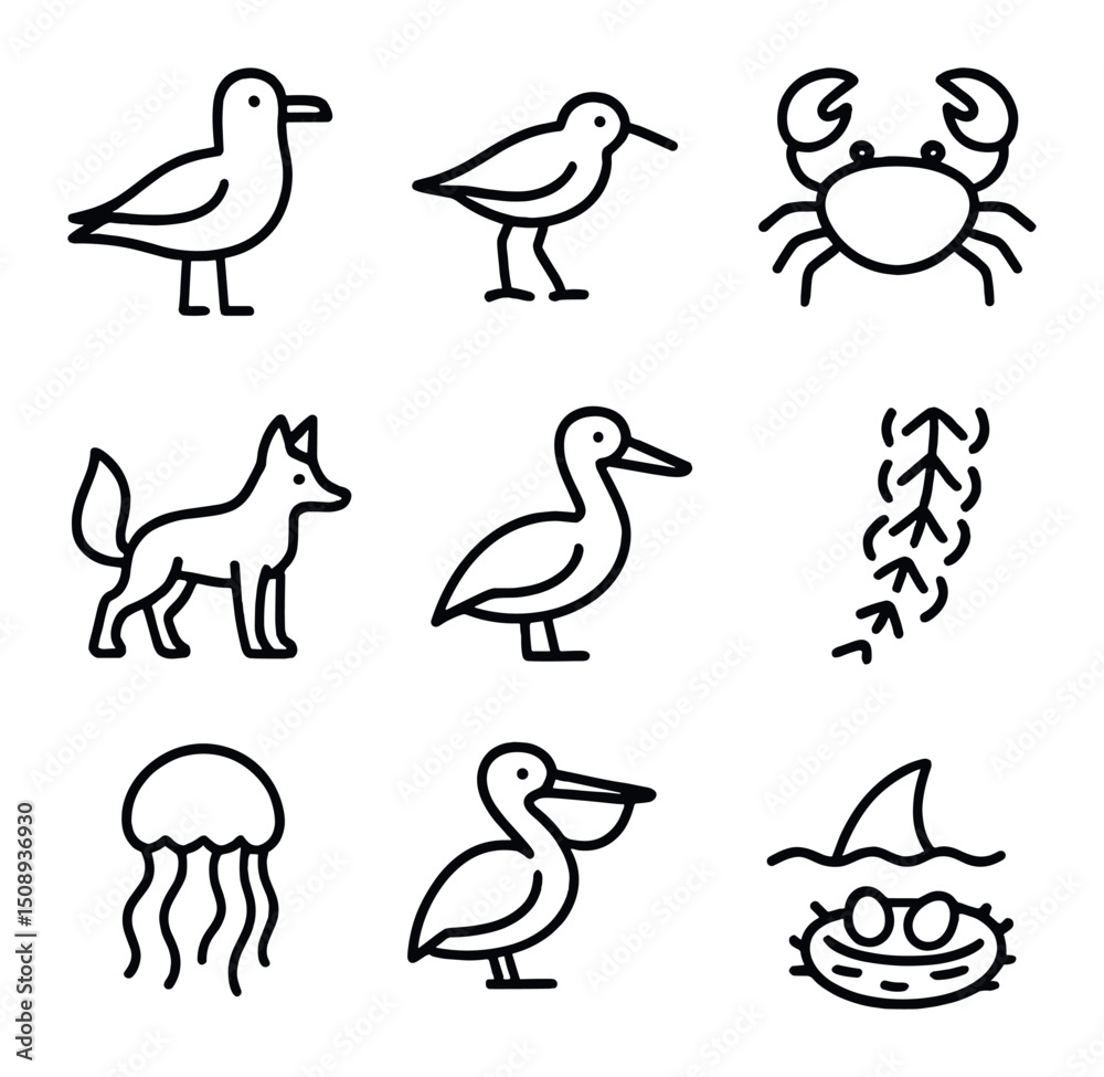 Obraz premium Coastal Wildlife Icons. Outline icon set of coastal wildlife sightings: seagull, sandpiper, crab, turtle track, dune fox,