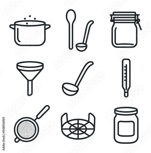 Jam Making Icons. Outline icon set of jam making equipment: mixing pot, wooden spoon, sterilizing jar, funnel, ladle, thermometer,