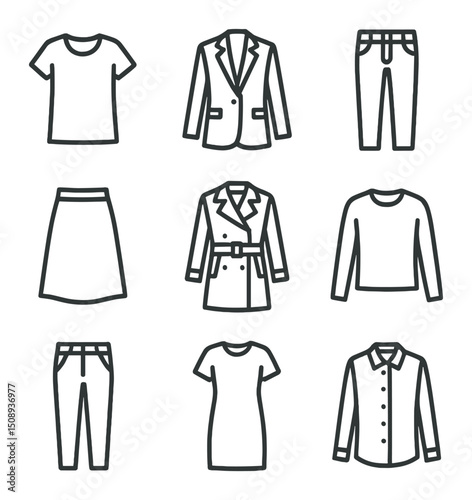 Capsule Wardrobe Icons. Outline icon set of capsule wardrobe essentials: white tee, black blazer, slim jeans, midi skirt, trench