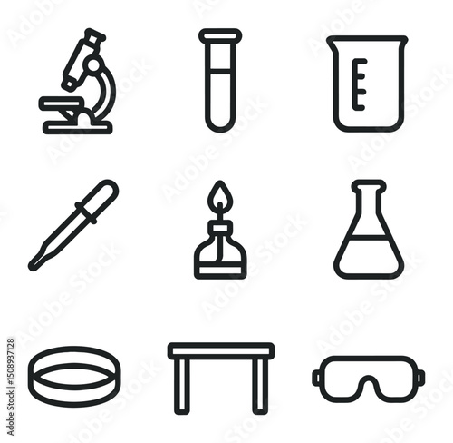 Laboratory Equipment Icons. Outline icon set of general laboratory equipment: microscope, test tube, beaker, pipette, Bunsen