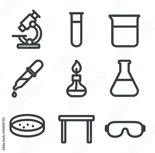 Laboratory Equipment Icons. Outline icon set of general laboratory equipment: microscope, test tube, beaker, pipette, Bunsen