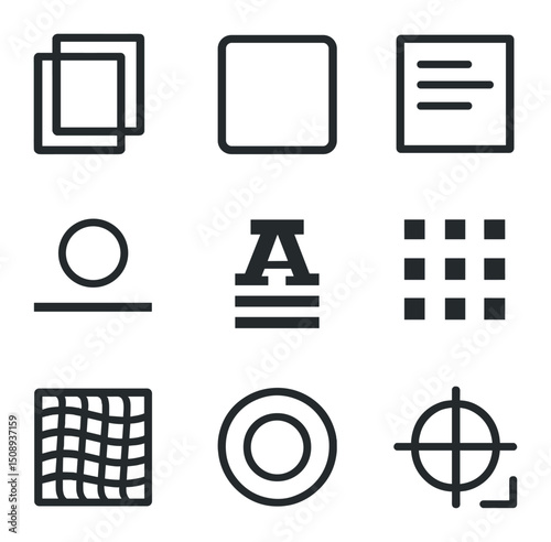 Bold Icon Grid. Outline icon set of bold visual systems: layered rectangles, heavy stroke box, text