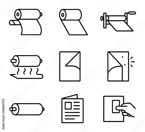 Lamination Methods Icons. Outline icon set of lamination methods: gloss lamination roll, matte lamination film, cold laminate,