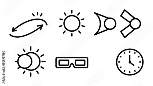 Icon set representing solar concepts and time with clock and sunglasses