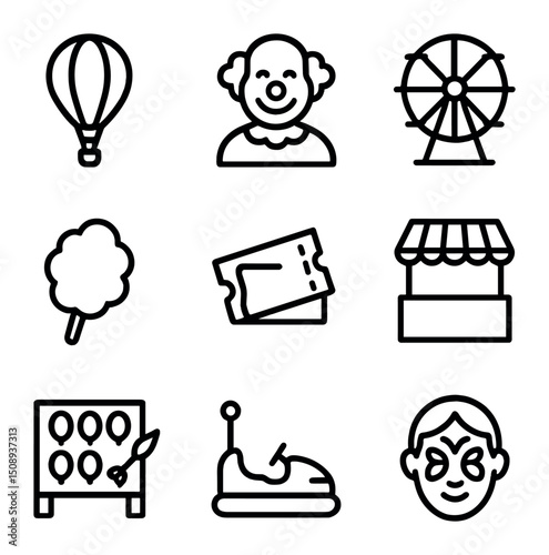 Carnival Icon Set. Outline icon set of carnival balloon scene: carnival balloon, clown silhouette, ride outline, cotton candy,