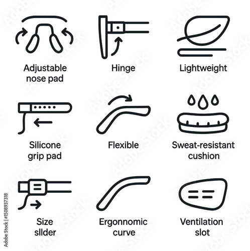 Comfort Fit Icons. Outline icon set of comfort and fit: adjustable nose pad, temple arm hinge, lightweight frame, silicone grip