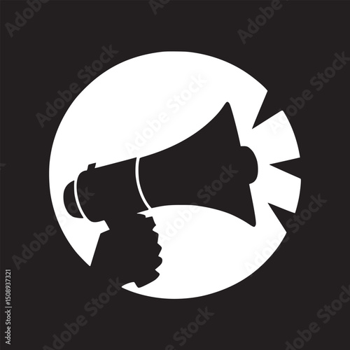 A graphic illustration of a hand holding a megaphone inside a circle on a black background design art