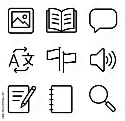 Language Learning Icons. Outline icon set of photo-based language learning: flashcard with image, open book, speech bubble,