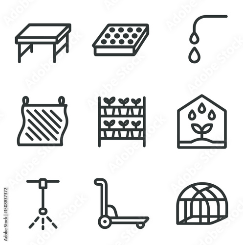 Commercial Propagation Icons. Outline icon set of commercial propagation setup: greenhouse bench, propagation tray, irrigation