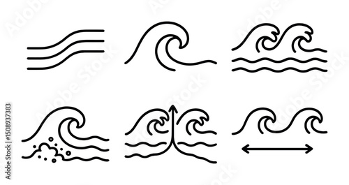 Wave line art icons set for surf and beach-themed designs