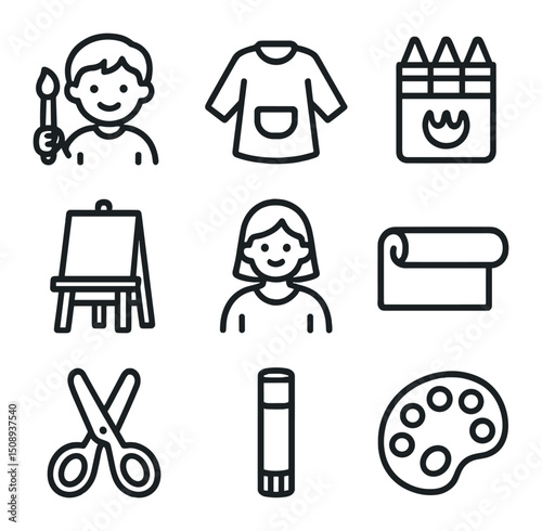 Children's Art Class Icons. Outline icon set of children’s group art class: kid with brush, art smock, crayon box, child-sized