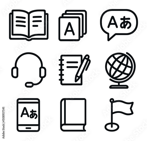 Language Learning Icons. Outline icon set of language learning tools: open dictionary, flashcard stack, speech bubble with letters