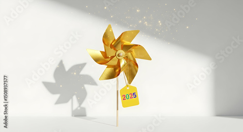 Golden Pinwheel Minimalist 3D Render Bright Background Summer Decoration Childs Toy Abstract Art Festive Design Element