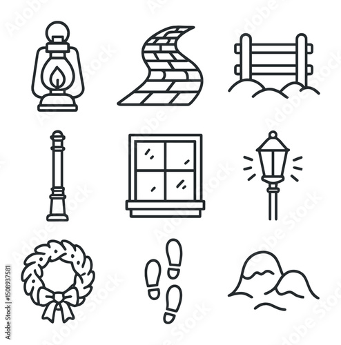 Lantern-Lit Village Icons. Outline icon set of lantern-lit village street: oil lantern, cobblestone path, wooden fence, snowbanks,