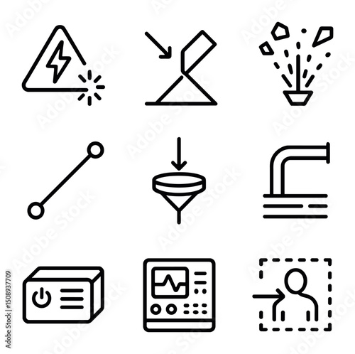 Laser Techniques Icon Set. Outline icon set of laser ablation techniques: high-power laser, mirror assembly, debris fragment, beam