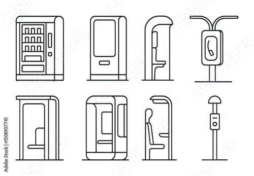 Outline icons of public booths and vending machines for urban design concepts