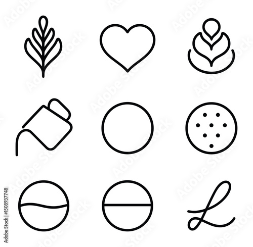 Latte Art Icons. Outline icon set of latte art basics: rosetta leaf, heart shape, tulip stack, pitcher pour tilt, latte surface,