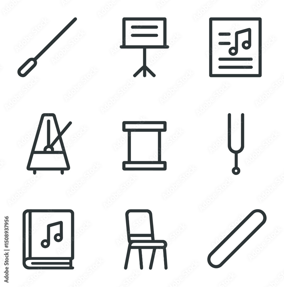 Conducting Tools Icon Set. Outline icon set of ensemble and conducting tools: conductor baton, music stand, sheet music, metronome