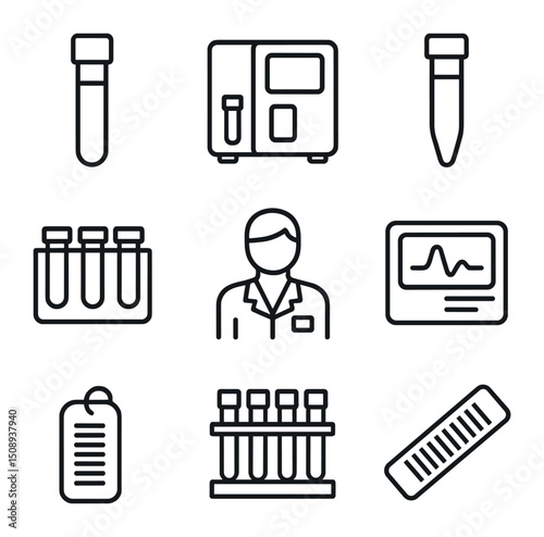 Clinical Lab Icon Set. Outline icon set of clinical diagnostics lab: blood collection tube, hematology analyzer, centrifuge tube,