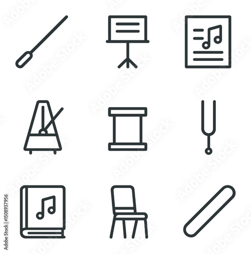 Conducting Tools Icon Set. Outline icon set of ensemble and conducting tools: conductor baton, music stand, sheet music, metronome