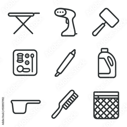 Laundry Icon Set. Outline icon set of laundry maintenance accessories: ironing board, handheld steamer, lint roller, sewing kit,