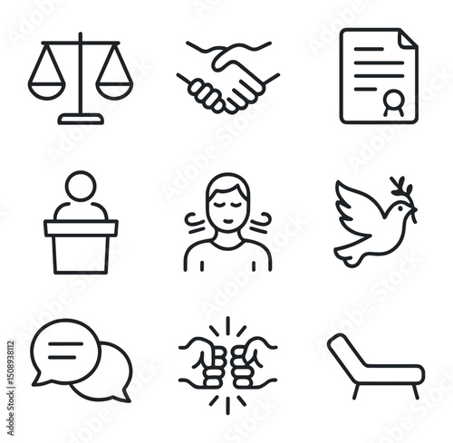 Conflict Resolution Icons. Outline icon set of conflict resolution: balance scales, handshake, apology letter, mediator podium,