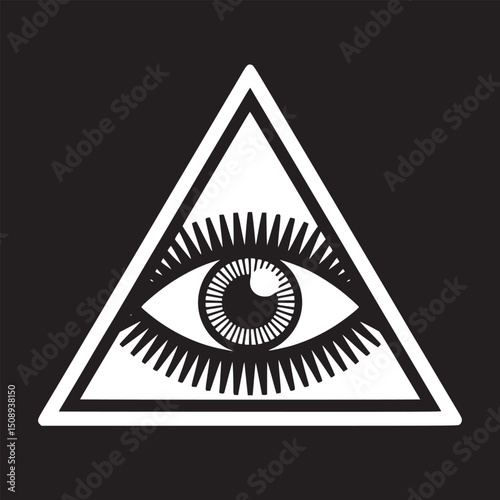 A graphic illustration of an eye inside a white triangle against a solid black background design element