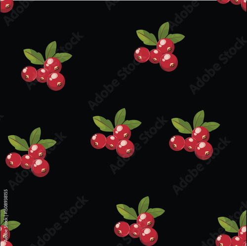 High-contrast repeating cranberry clusters with green leaves on black background, ideal for bold packaging or textile prints.