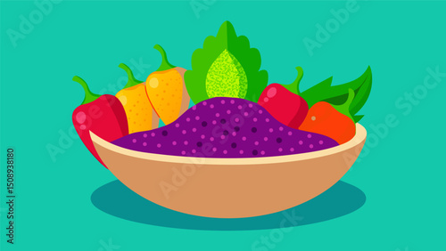 A bowl filled with fluffy multicolored quinoa grains accompanied by vibrant purple beets and crisp green peppers creating a tantalizing feast for the eyes.. Vector illustration
