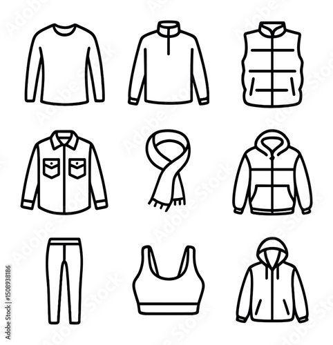 Layered Outfit Icons. Outline icon set of layered sporty casual: base layer top, mid-layer pullover, vest, shacket, scarf, puffer