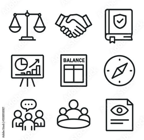 Business Ethics Icons. Outline icon set of household emergency checks: smoke test spray, hand