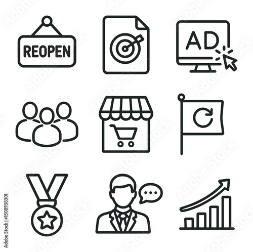 Business Growth Icons. Outline icon set of business resilience and growth: reopen sign, plan