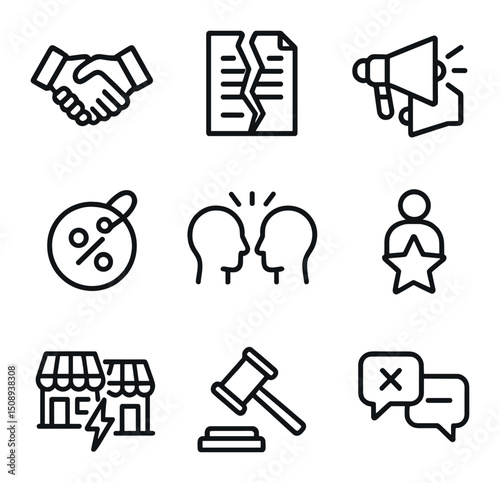 Business Rivalry Icons. Outline icon set of business rivalry: handshake deal, broken contract,