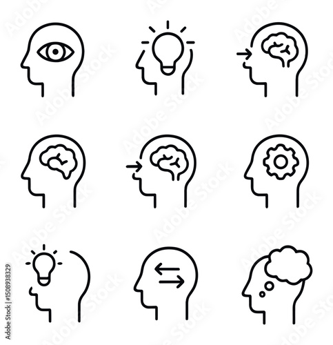 Cognitive Process Icons. Outline icon set of cognitive process stages: perception, attention, memory encoding, memory storage,