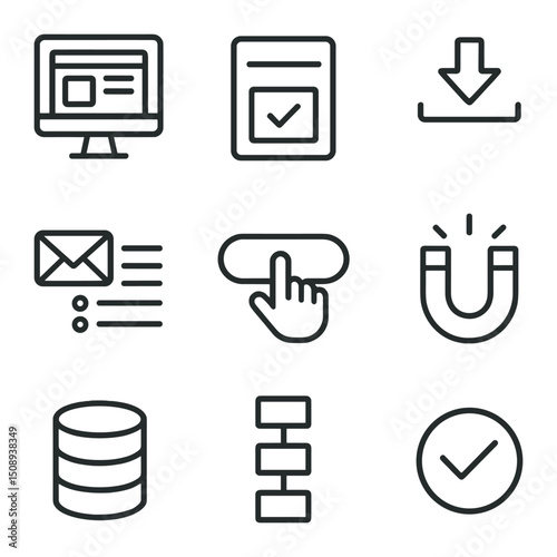Lead Generation Icons. Outline icon set of lead generation metrics: landing page monitor, form field, download arrow, magnet icon,