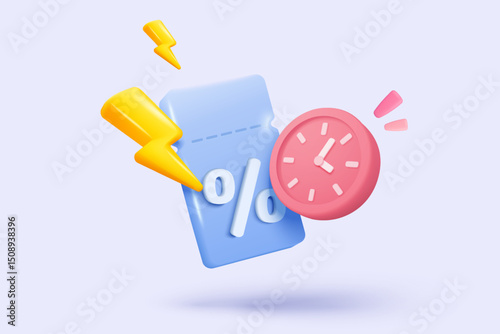 3d alarm clock icon alerting with promotion tags for money discount concept. Reminder promo for shopping online in pastel background. 3d promo tage with clock alerting icon vector render illustration