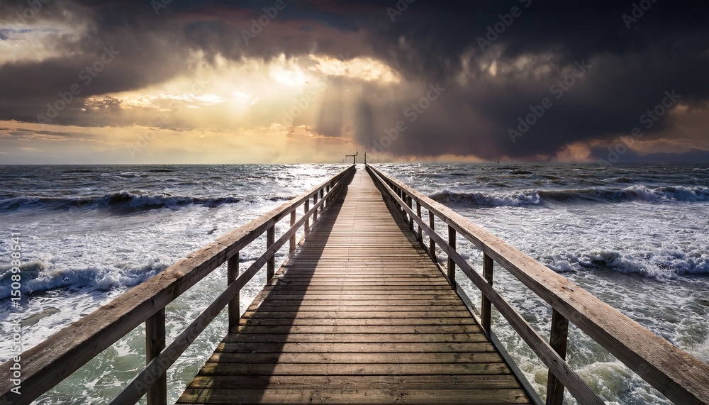 Fototapeta premium a dramatic seascape featuring a wooden pier extending into turbulent waters illuminated by piercing rays of sunlight breaking through dark storm clouds